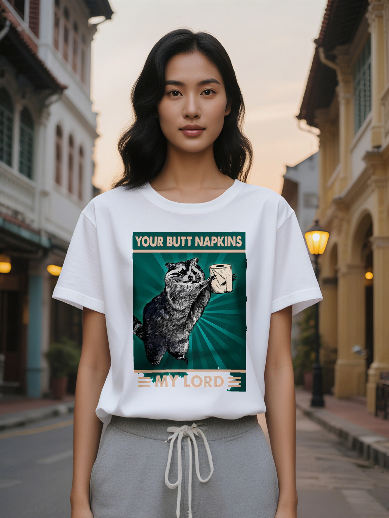 Large XL Casual Graphic T-Shirt with Raccoon Toilet Paper Print Your Butt Napkins My Lord Black Round Neck Summer Tee hine Plus Size