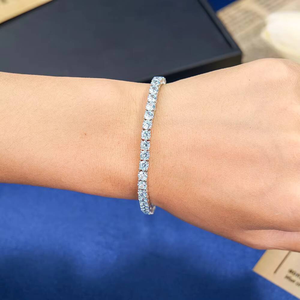Luxury Iced Out Sea Blue Moissanite Tennis Chain Bracelet 925 Sterling Silver Hip Hop Aquamarine Cubic Moissanite Jewelry