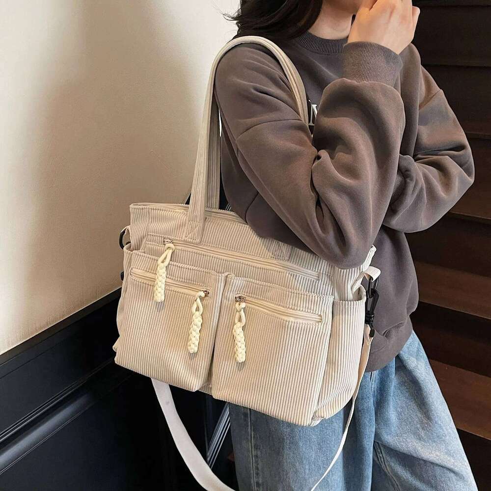 Corduroy Simple Poop Carrying For Women Adjustable Shoulder Strap Crossbody Bag Large Capacity Commuting Handbag