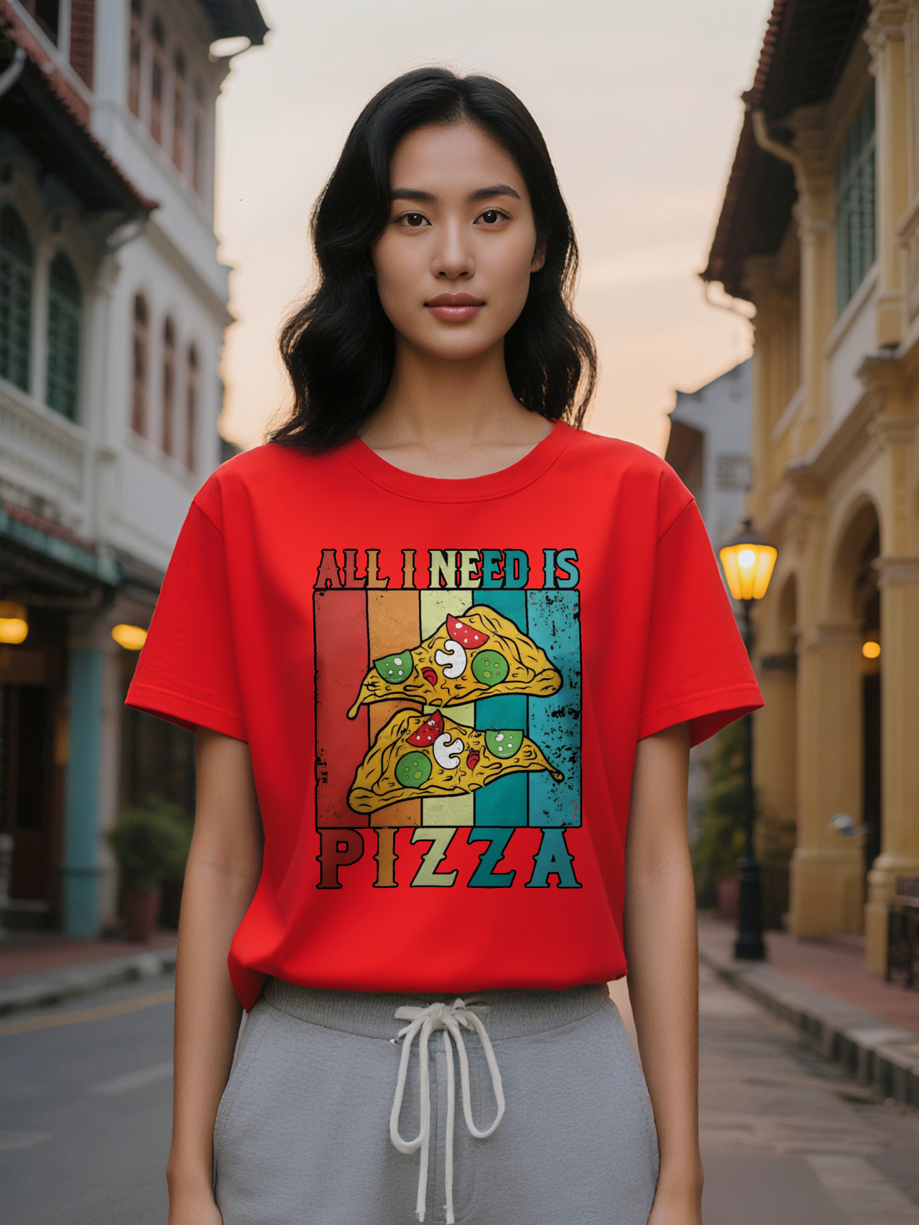 Lady Casual Crew Neck T-Shirt with All I Need Is Fun Pizza Themed Design Black Summer Essential Hine Washable