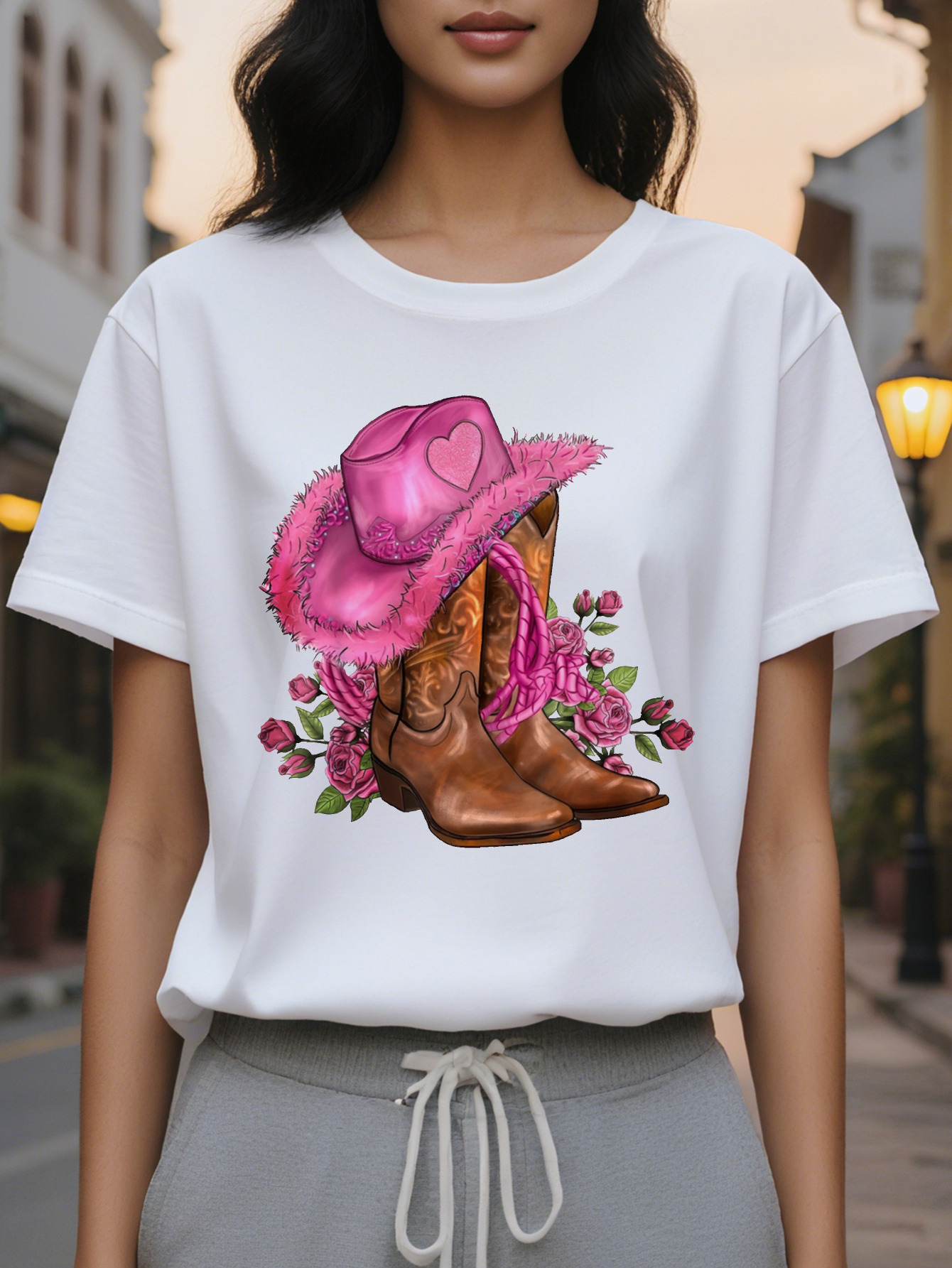 Cowboy and floral print round neck T-shirt, casual short sleeve summer top for women's clothing