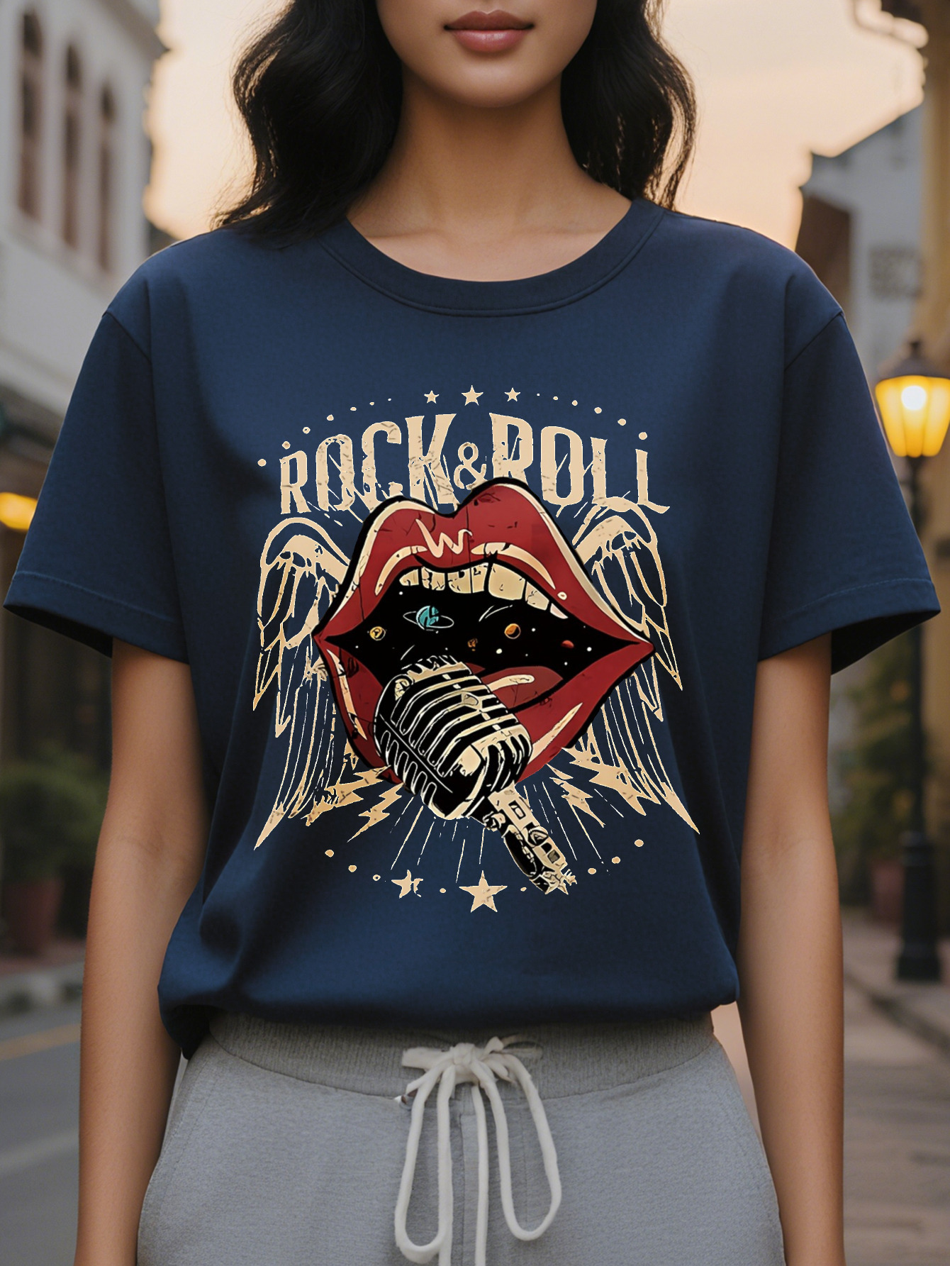 Large XL Women S Vintage Roll Microphone Mouth Graphic Tee Crew Neck Short Sleeve T-Shirt Summer Fashion All-Season Top Plus Size