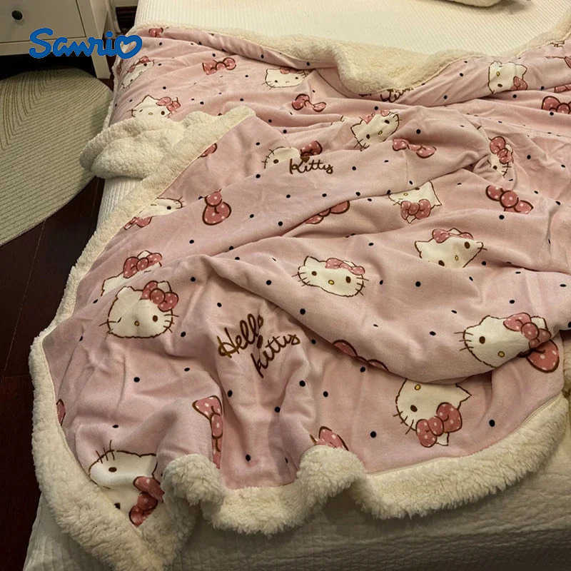 Sanrio Hello Kittys Pink Bow Lamb Velvet Blanket Winter Thickened Warm Milk Coral Velvet Blanket Quilt Cover Sofa Office Blanket L250904