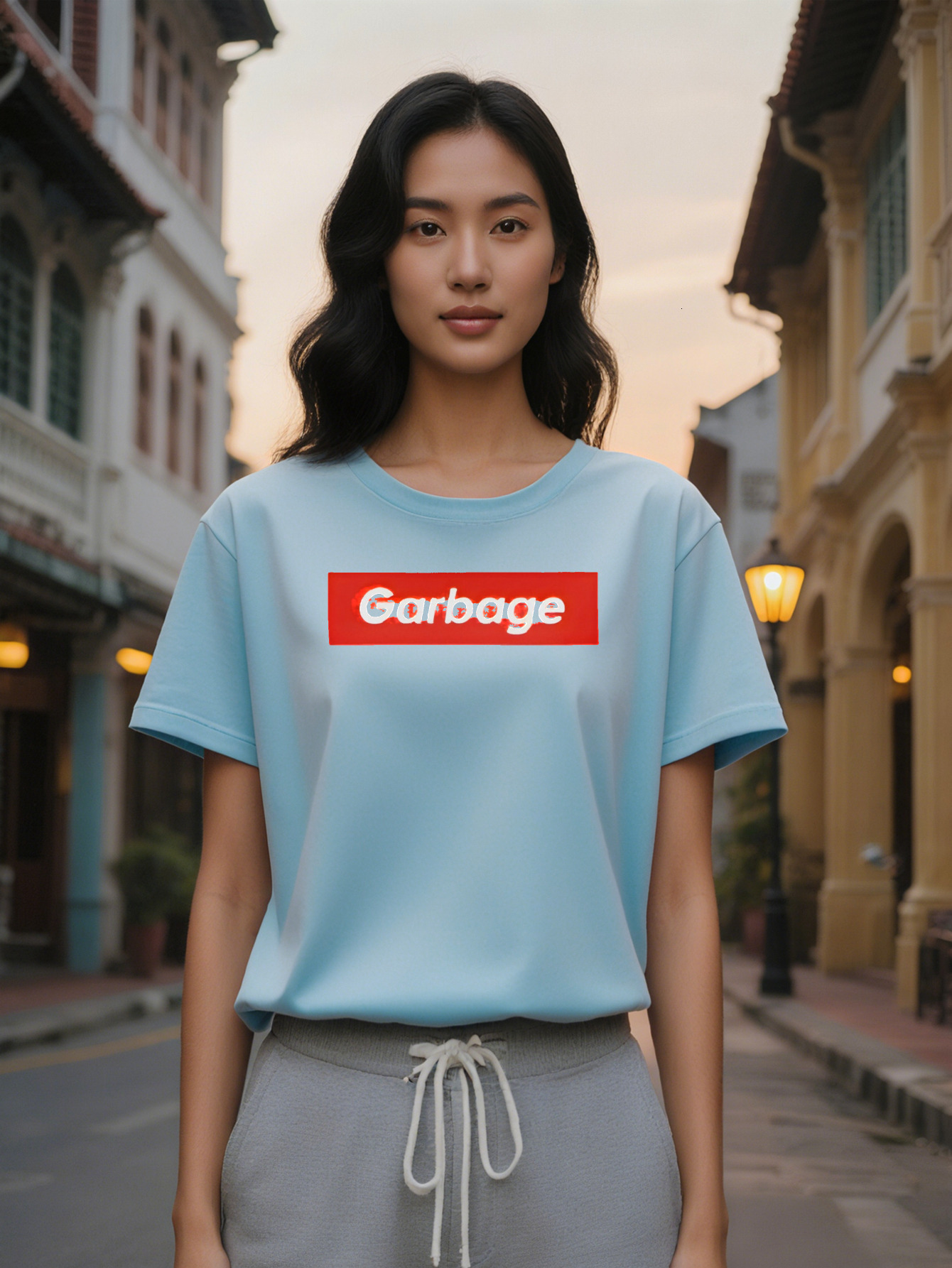 Large XL Casual Crew Neck T-Shirt with Red Garbage Print on Black Background Lightweight Summer Tee Perfect Gift for Women Plus Size