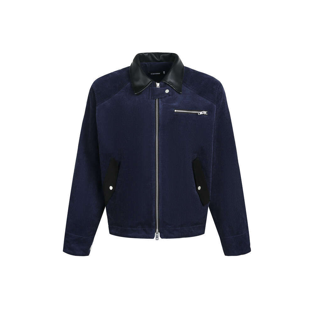 Corduroy Autumn Winter Unisex American Style Trendy Brand Color Block PU Leather Lapel Double Zipper Cardigan Jacket