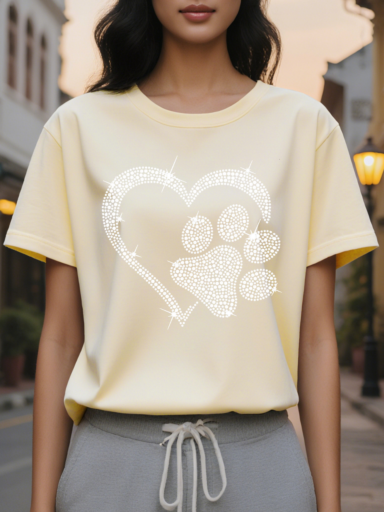 Heart Dog Paw Print T-Shirt Casual Short Sleeve Crew Neck Top Stylish All Season Women's Clothing
