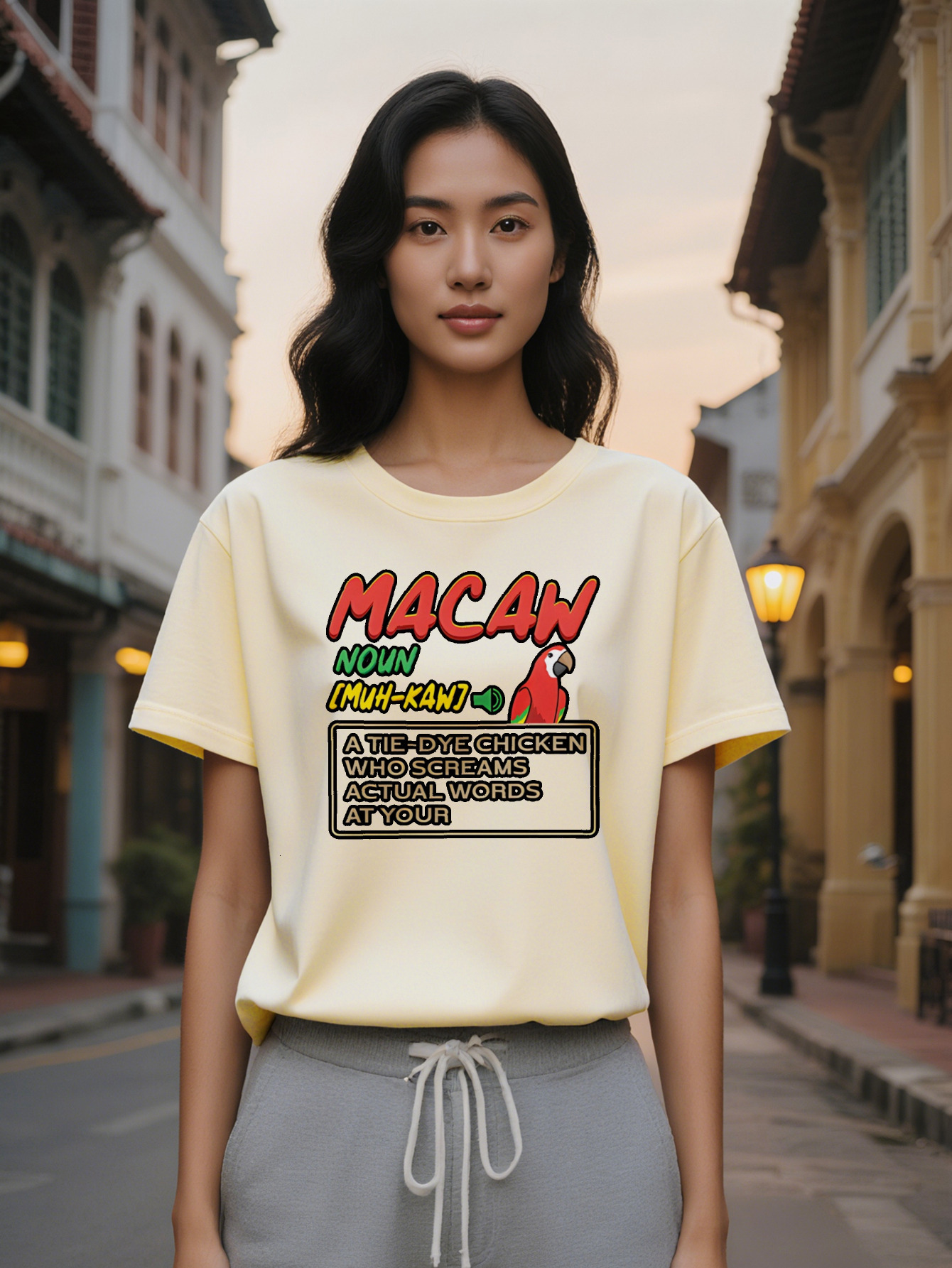 Lady Casual Crew Neck T-Shirt with Vibrant Print AW Text Colorful Parrot Design Perfect for Summer Everyday Tshirt