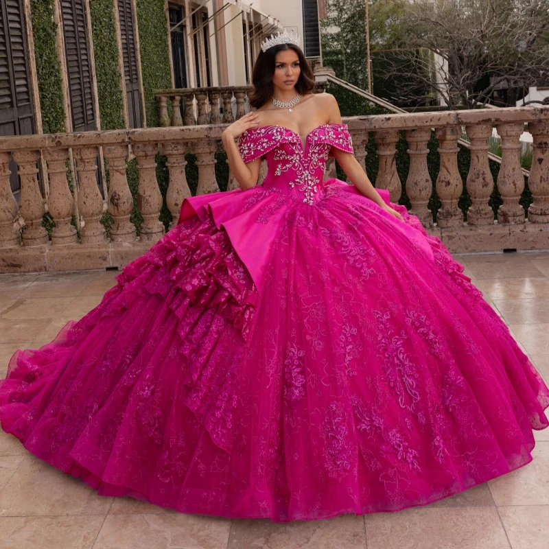 Rose Red Shiny Quinceanera Dresses Ball Gown Off The Shoulder Applique Lace Beading Crystal Tiered Tull Sweet 16 Dress Vestidos 15 Anos