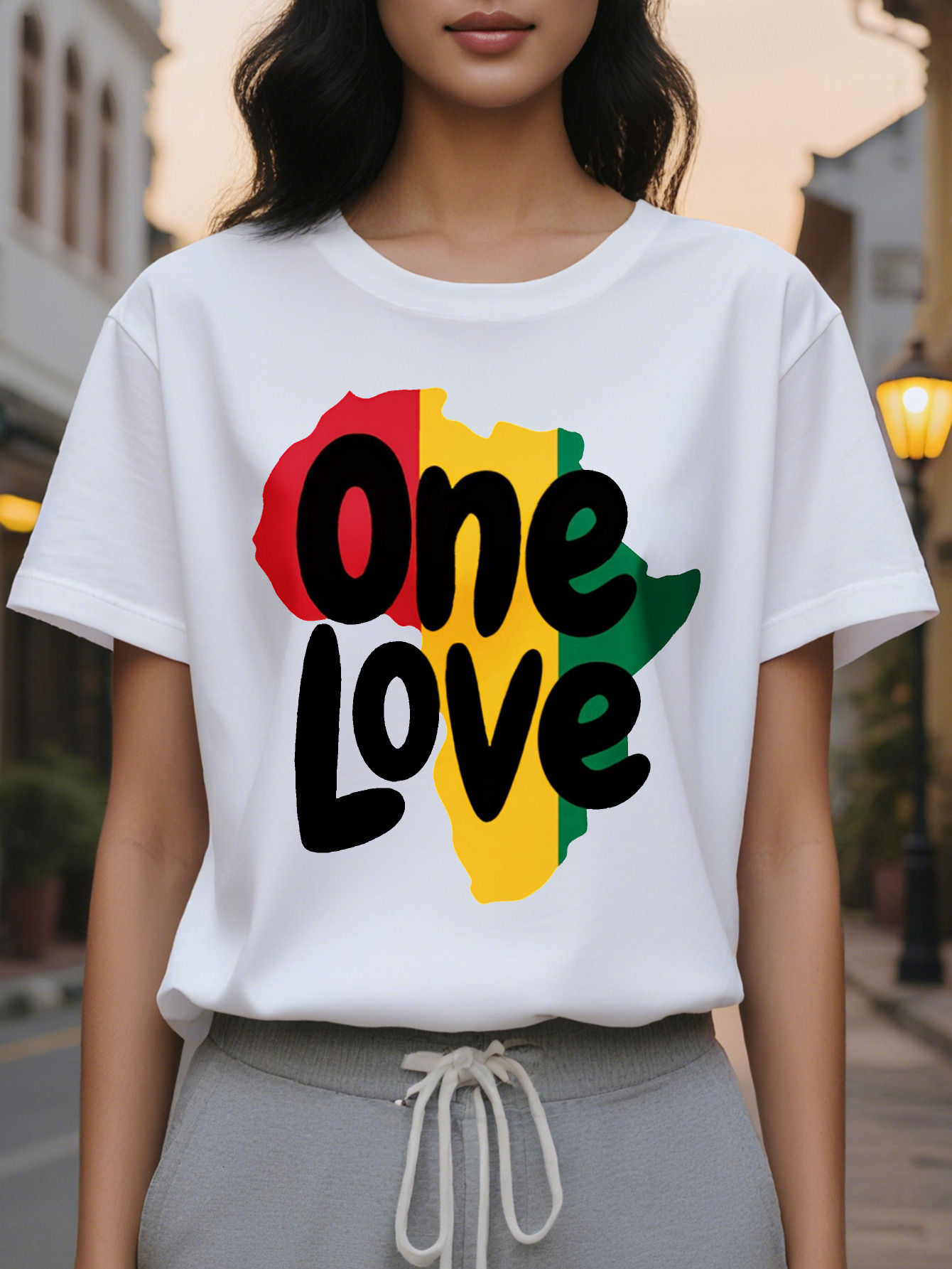 Large XL Juneteenth One Love Africa Map Graphic Print T-Shirt Women's Casual Short Sleeve Crew Neck Top with Pan African Plus Size