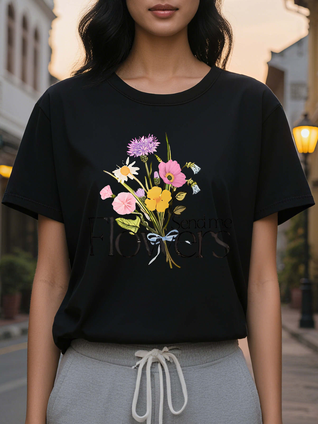FLOWERS American Printed Pattern Spring and Summer New Fashion Round Neck T-shirt Slim Fit Slimming Women's