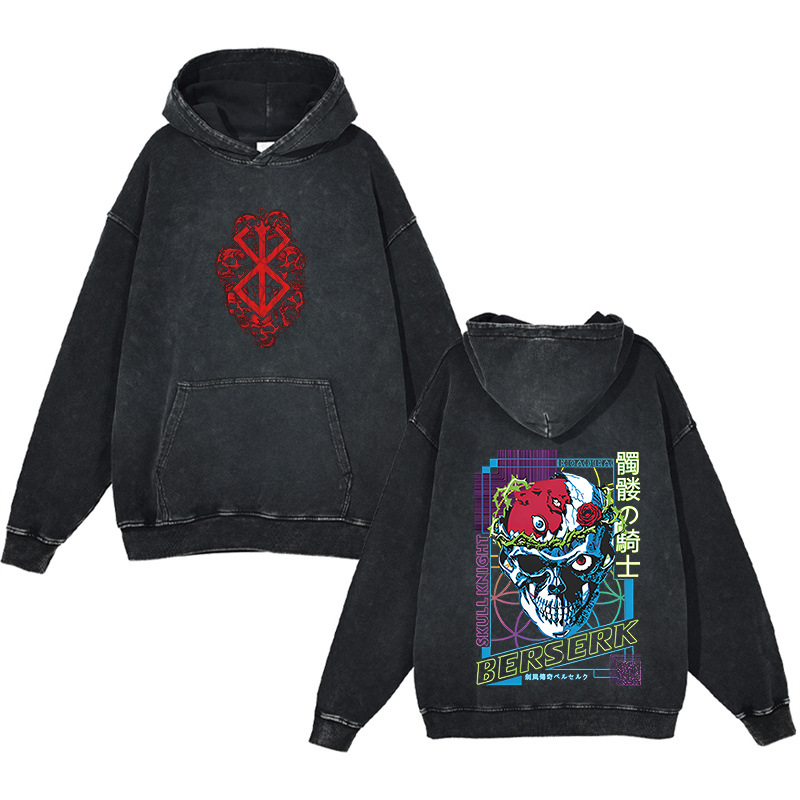 Heavyweight Cotton Washed Vintage Finish Berserk Anime Street Retro Hoodie - TT8313