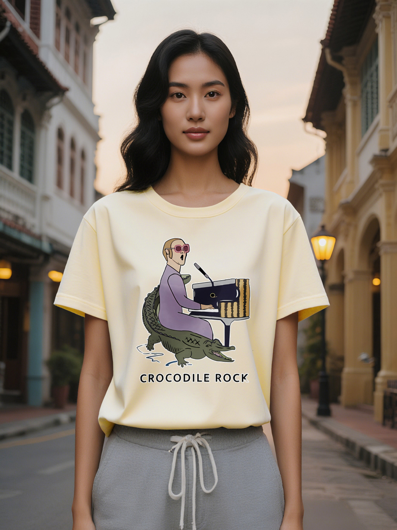 Large XL Casual Graphic T-Shirt with Crocodile Rock Piano Fashion Glasses Print Black Round Neck Summer Tee Washable Plus Size