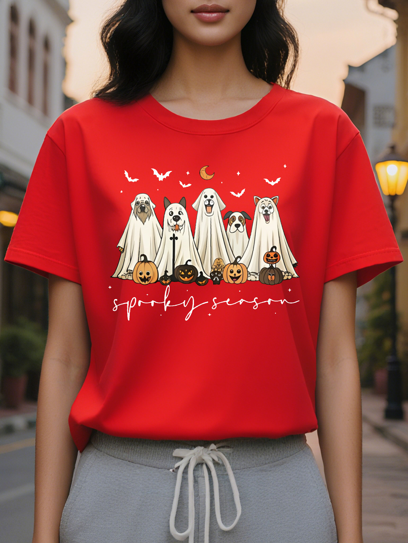 Women s Halloween Dog Print Sweatshirt Dark Green Cozy Round Neck Pullover with Spooky Season Lettering Fall Outfit