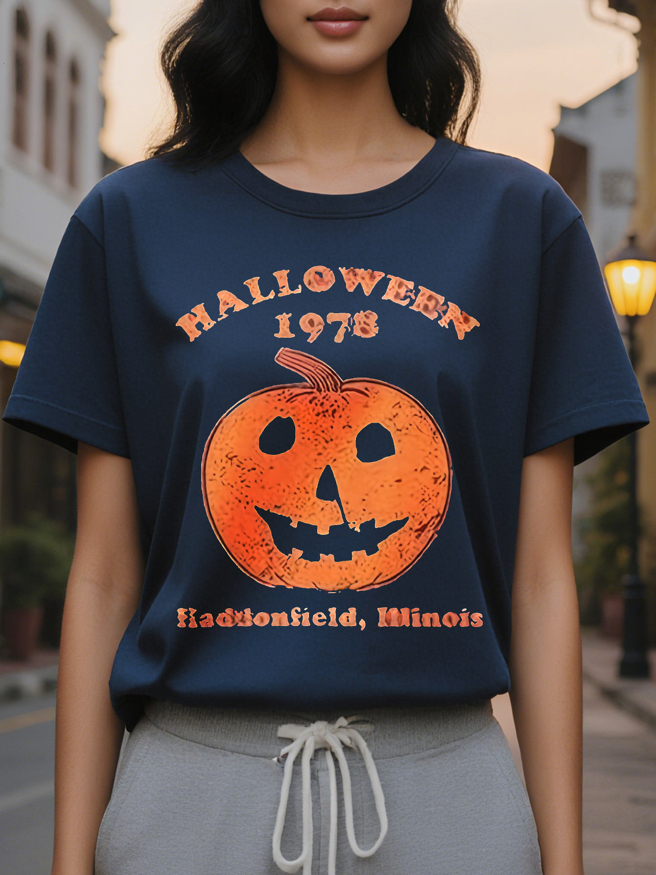 Large XL Women's Retro T-Shirt Round Neck Short Sleeve with Jack O Lantern Graphic Print Comfort Themed Parties Casual Plus Size