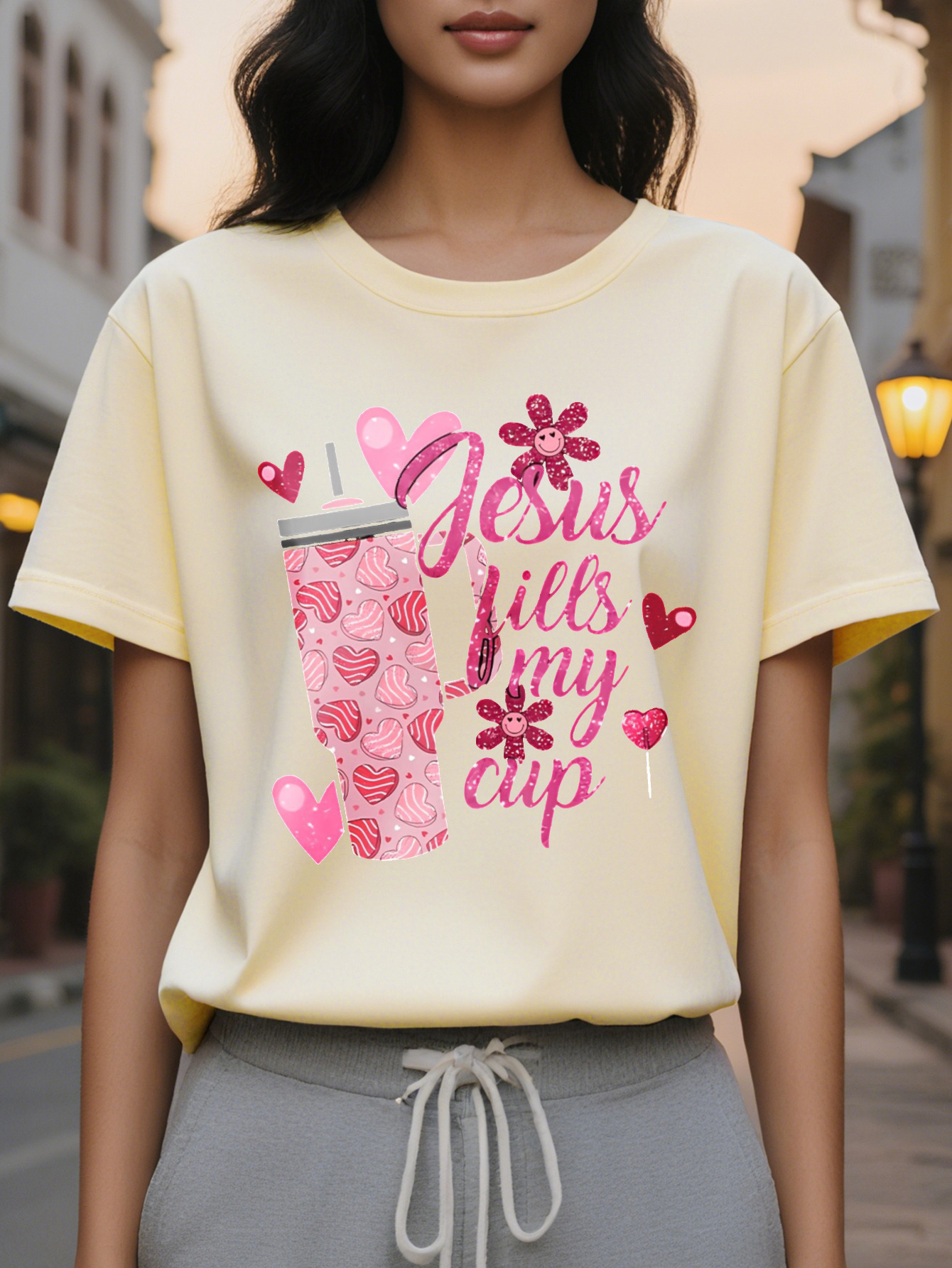 Valentine Jesus Fills My Cup Printed T-shirt Short Sleeve Round Neck Casual Top Summer and Spring Women