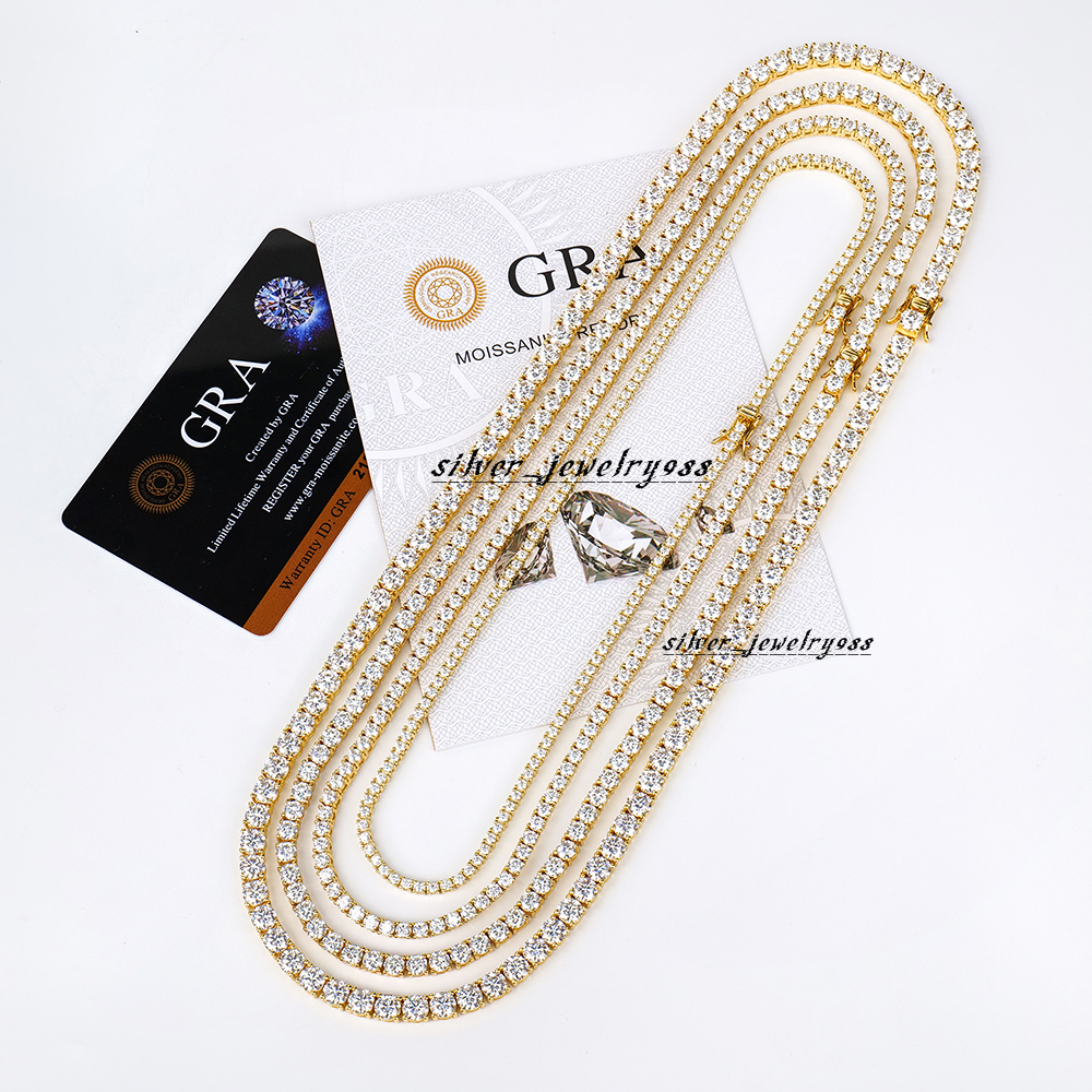 Hot Selling Hiphop Jewelry 26mm 925 Silver Yellow Gold Plated Tennis Link Chain Round Brilliant Cut Moissanite Necklace for Men