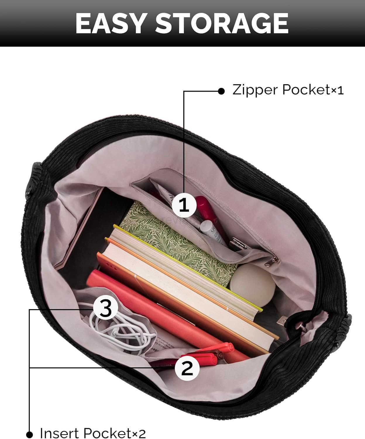 Womens Corduroy Tote Bag with Zipper Stylish Shoulder Bag with Adjustment Straps for Work Travel Daily UseW250904