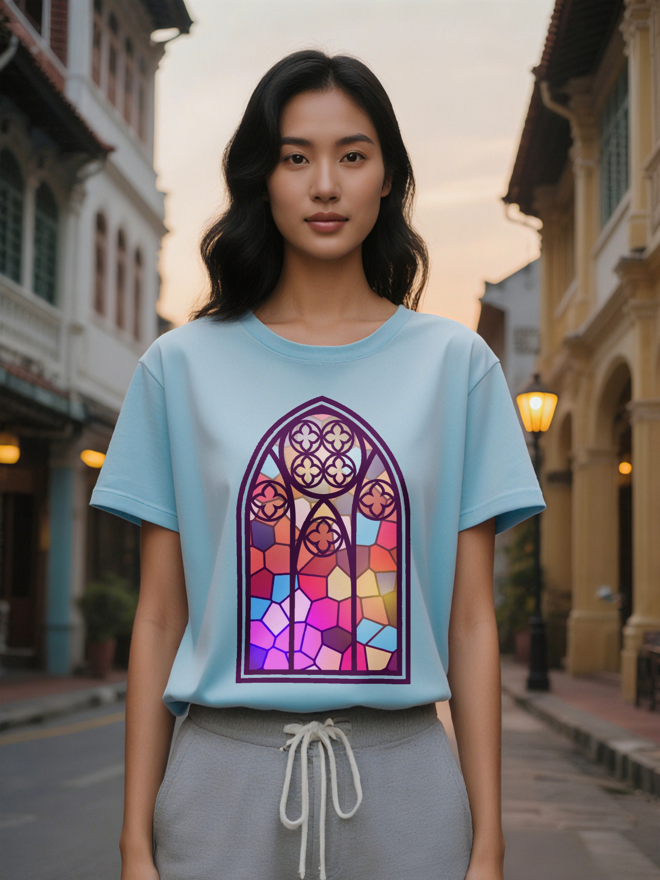 Lady Casual Short Sleeve T-Shirt with Stained Glass Window Graphic Print Vibrant Geometric Design Breathable Round