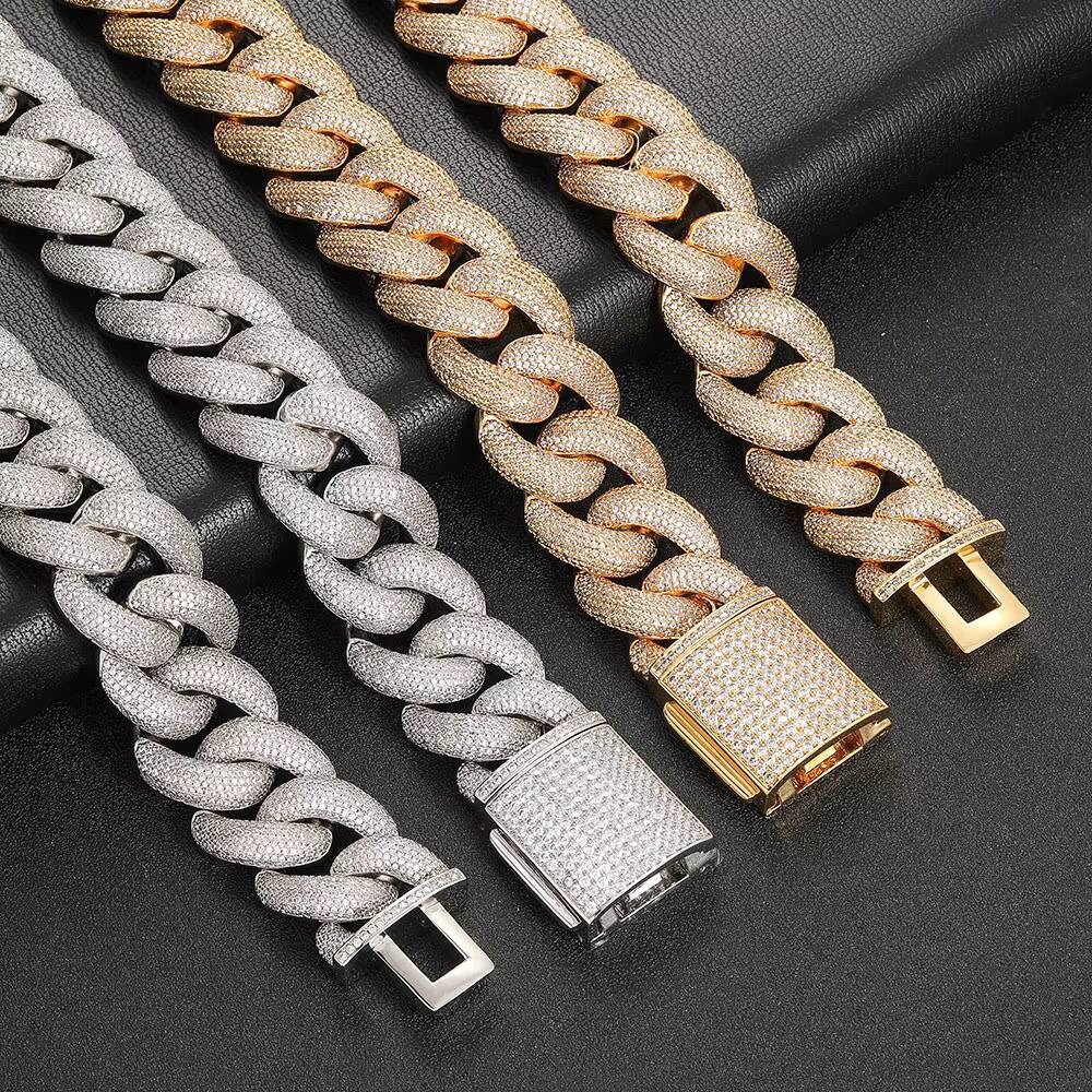NUOYA Full Pave Moissanite Cuban Chain Bracelet 25mm Chunky Box Clasp Design Gold Plated Iced Out Miami Cuban Link Chain for Men