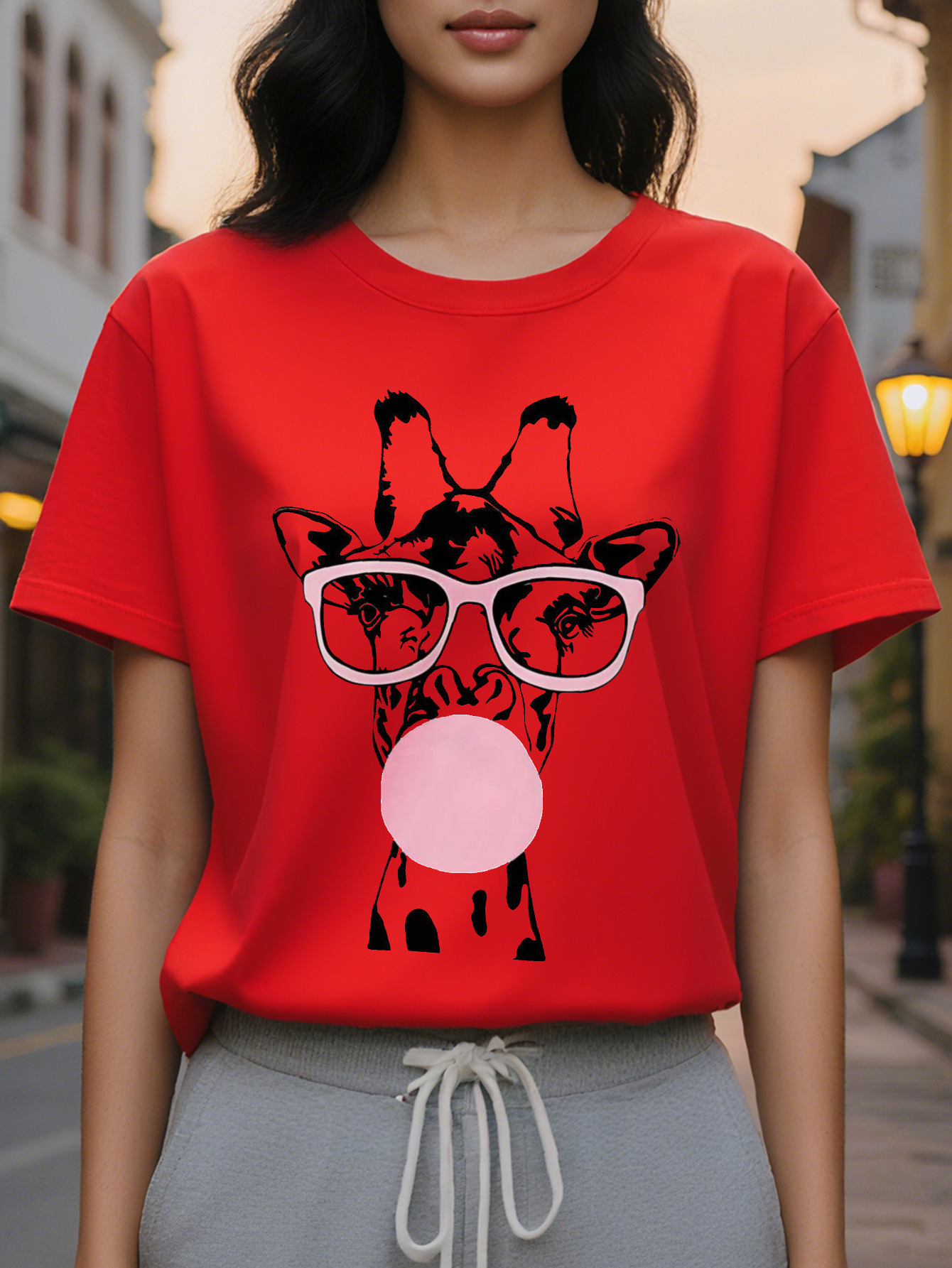 Ladies Cute Pattern Short Sleeve T-Shirt Funny Pink Glasses Bubble Gum Design Breathable Round Neck Casual Jacket
