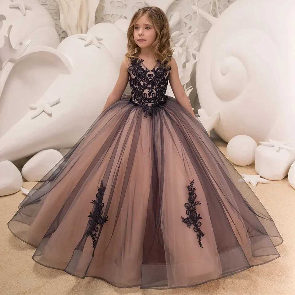 100% Cotton Linen Cotton Linen Beaded Floor Length Red Flower Girl Dresses Black Appliques Girls Pageant Dress First Communion Dresses Z250904