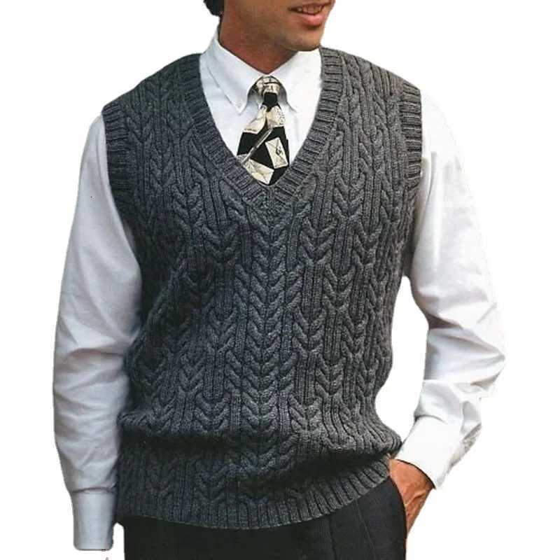 American Vintage Dough Twists Jacquard Knitwear Vneck Sweaters Autumn Winter Men Casual Warm VestXJ250904