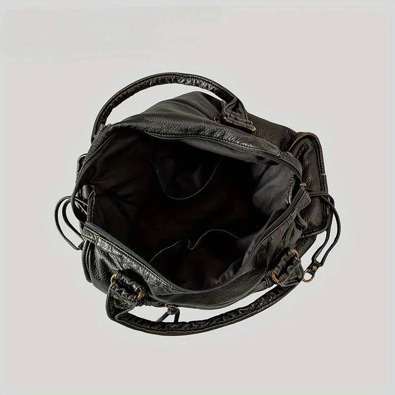 Vintage Washed PU Leather Large Capacity Tote Zip Pockets Braid Decor Shoulder Cross body Bag Women Daily Travel Handbag