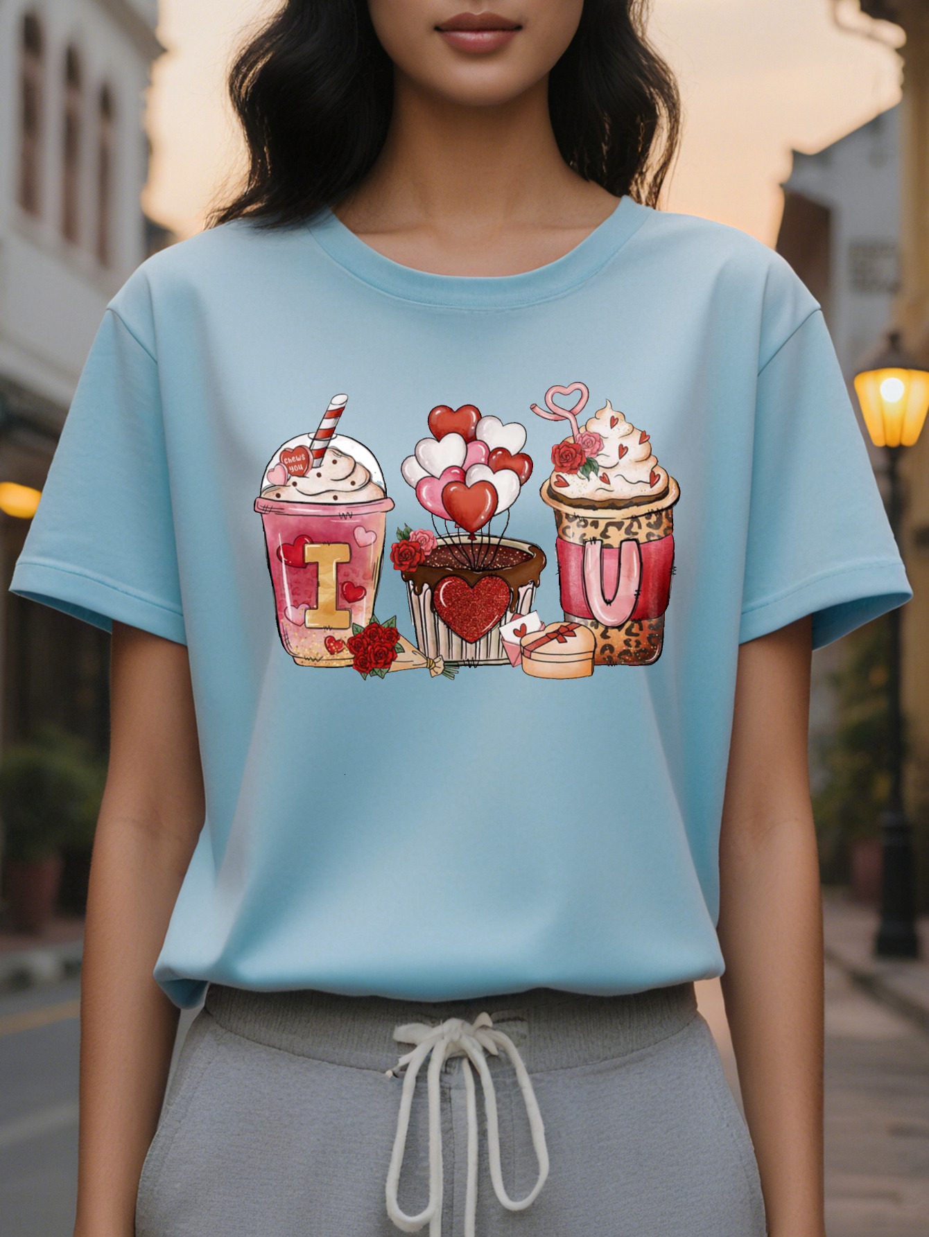 Valentine's Day Coffee Pattern Short Sleeve T-Shirt Women's Round Neck Casual Top Love Letter Printing Medium Stretch