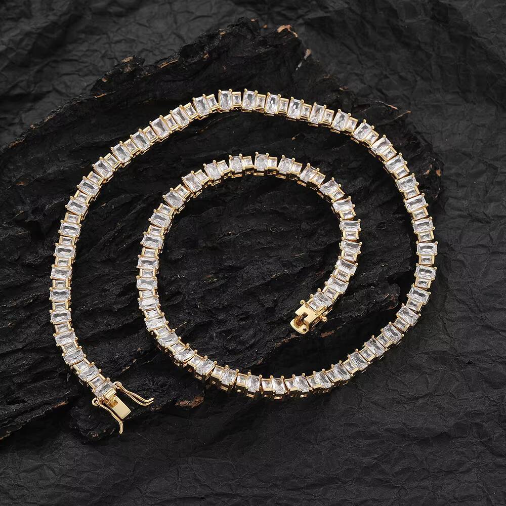 Hip Hop 1 Row Tennis Chain Large and Small Mixed Ladder Square Zirconium Necklaces for Men Jewelry