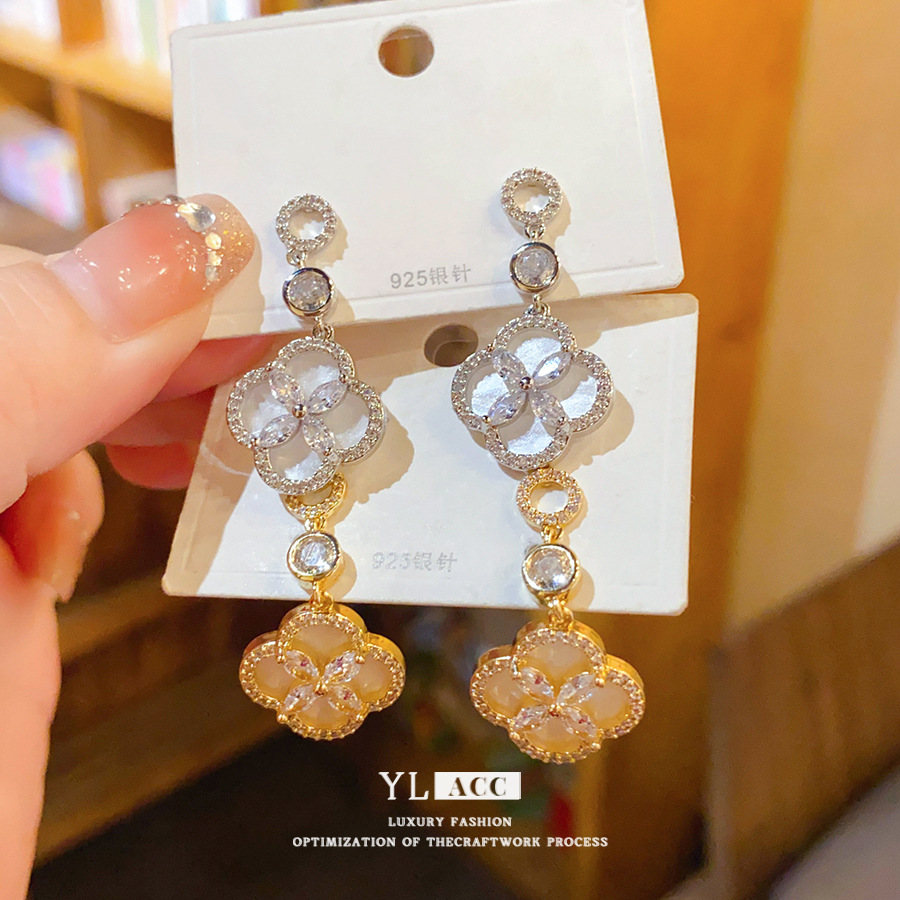 Gold Tone Four-Leaf Clover Drop Earrings With Cat Eye Stone & Crystal Detail Luxury Elegant Style Daily & Special Occasion Wear Gift For Her Fine Jewe
