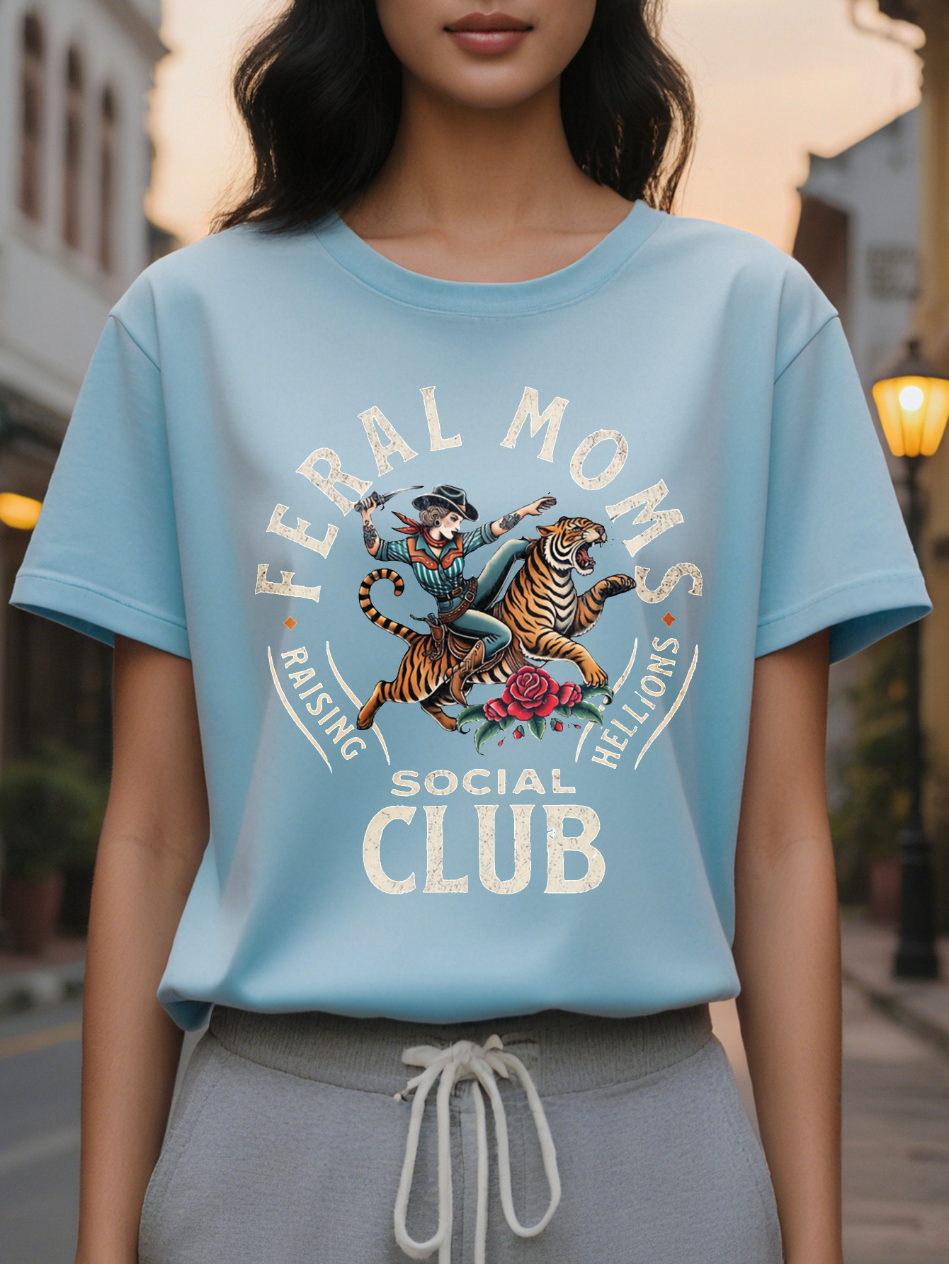 Large XL Women's Casual Short Sleeve T-Shirt FERAL MOMS SOCIAL CLUB Graphic Print Soft Rayon Spandex Cotton Relaxed Fit Plus Size