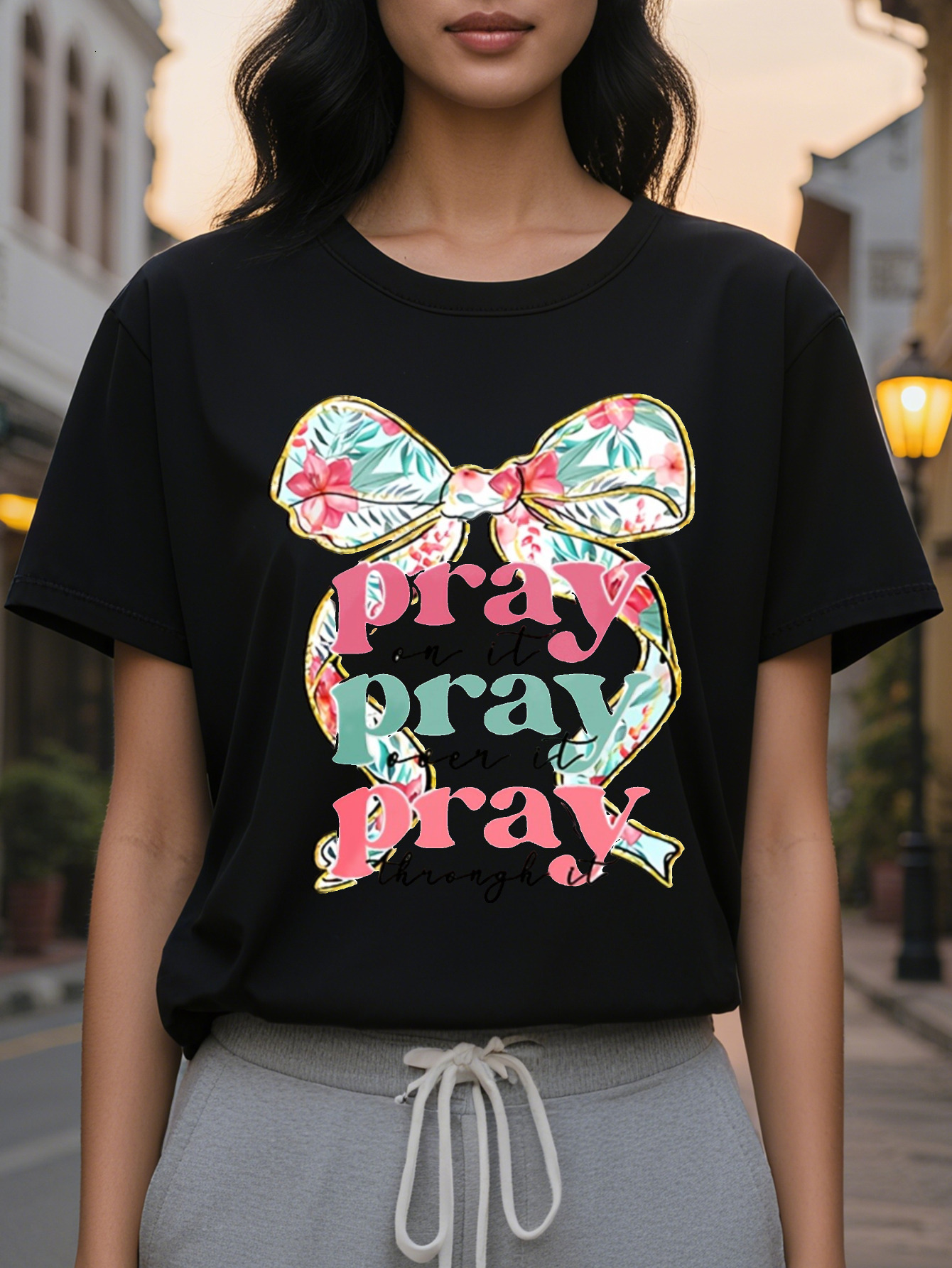 PRAY American Printed Pattern Spring and Summer New Fashion Round Neck T-shirt Slim Fit Slimming Women's Short Sleeve