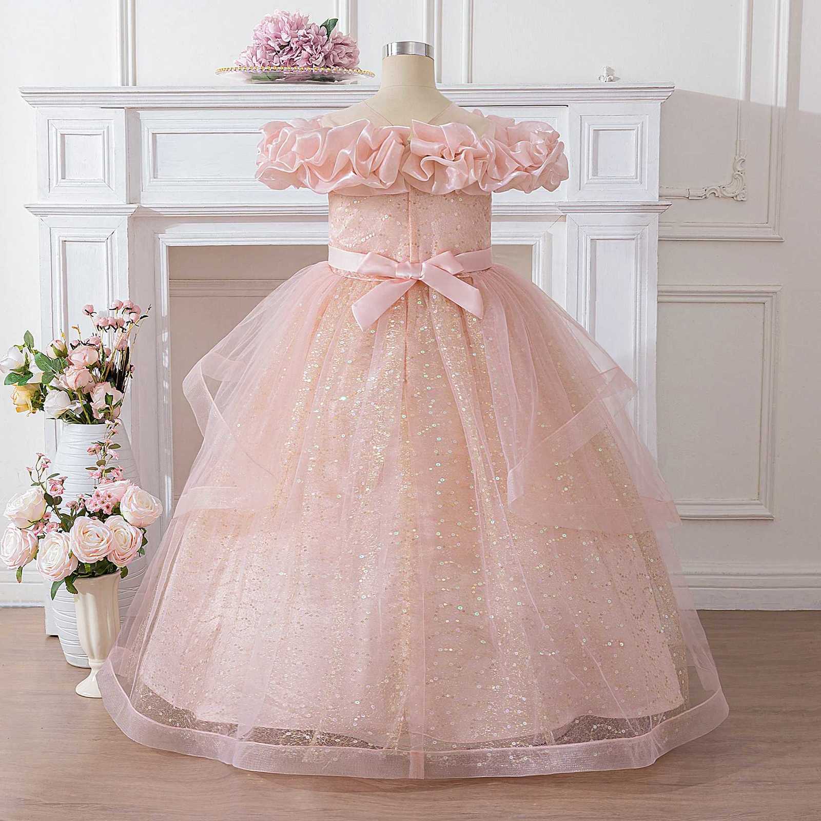 Elegant Fold Flower Party Girl Dresses Formal Tulle Bridesmaids Wedding Princess Prom Dresses Girls First Communion Evening Gown Z250904