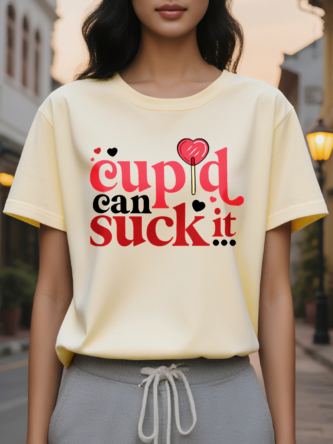 Ladies casual round neck T-shirt printed Cupid can suck it cotton knit fabric regular length spring and