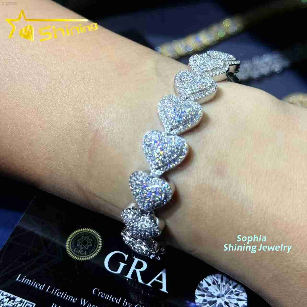 13mm Heart Shape Cuban Chain Bracelet Vvs Moissnaite Iced Out Hip Hop Jewelry VVS Moissanite Bracelet Valentines Day Gift