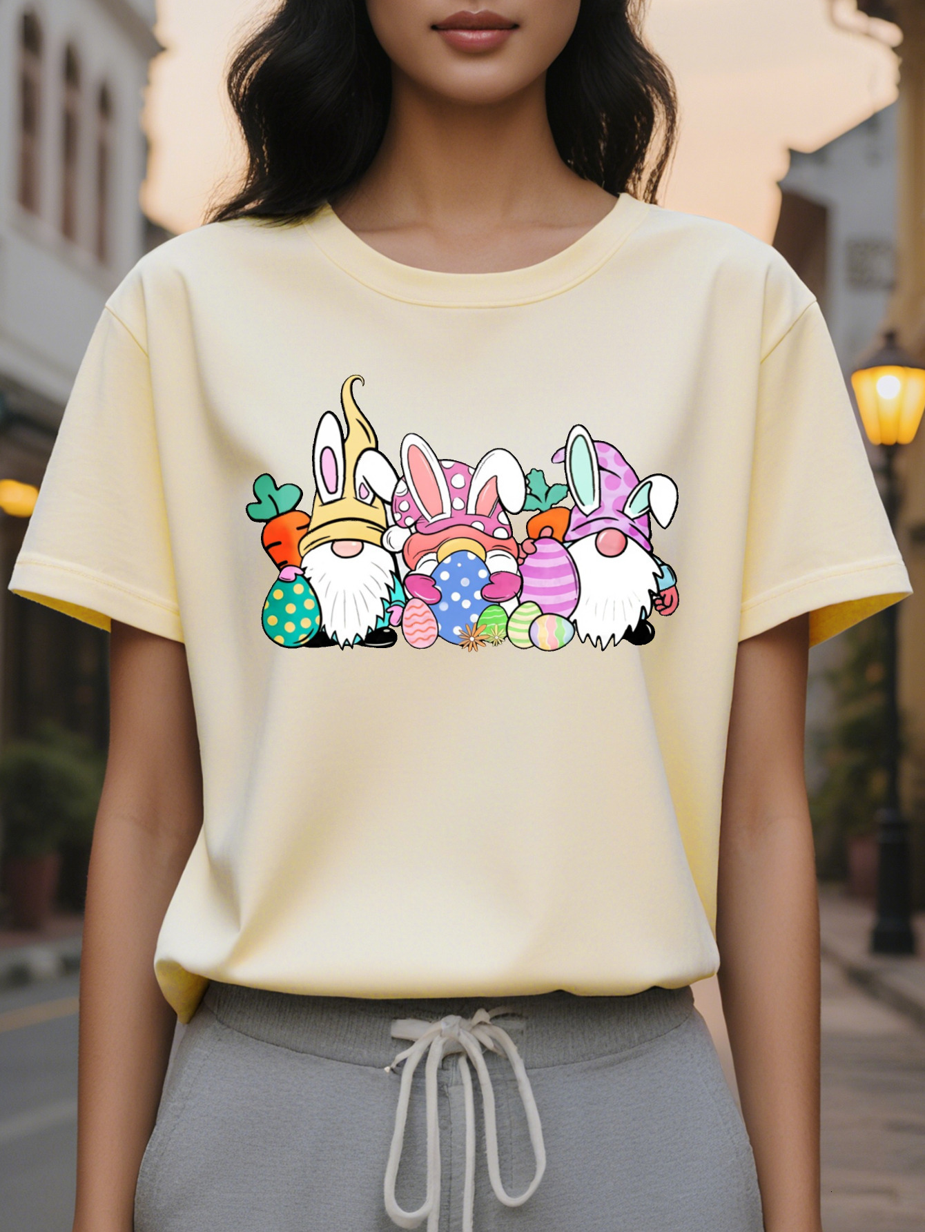 Large XL Women S Easter Bunny Eggs Graphic Tee Casual Crew Neck Cotton T-Shirt Soft Comfortable Knit Fabric Geometric Plus Size