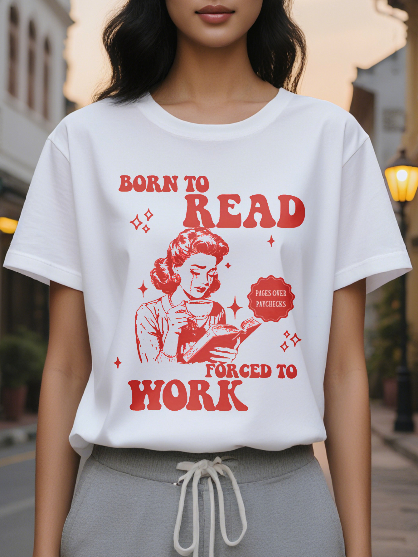 Women's Pattern T-Shirt Born Read Retro Design Forced to Work Humor White Casual Short Sleeve Round Neck Jacket