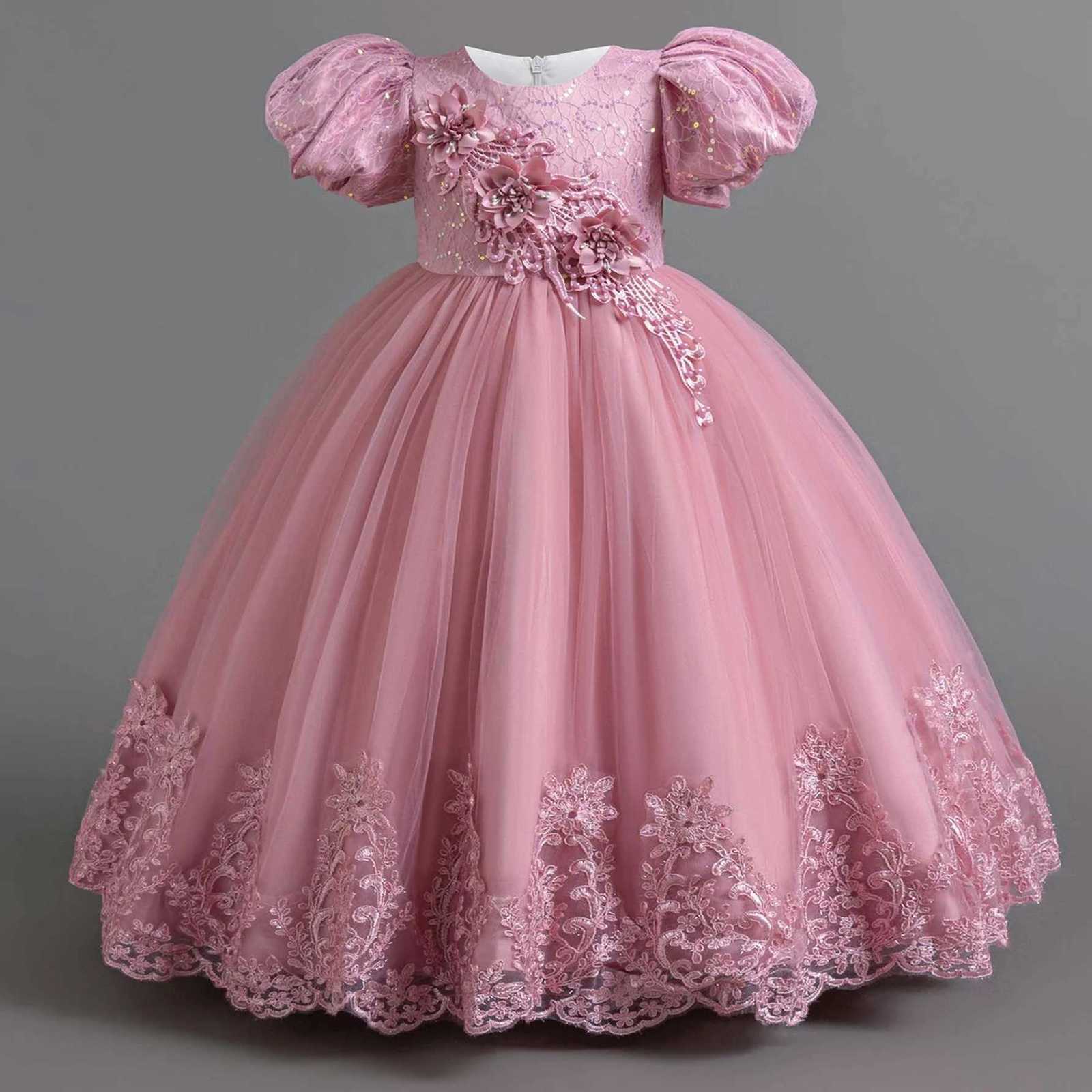 Elegant Bridesmaids Party Girls Dresses Puff Sleeve Tulle Wedding Costume Flower Birthday Princess Dress Girls Baptism Prom Gown Z250904