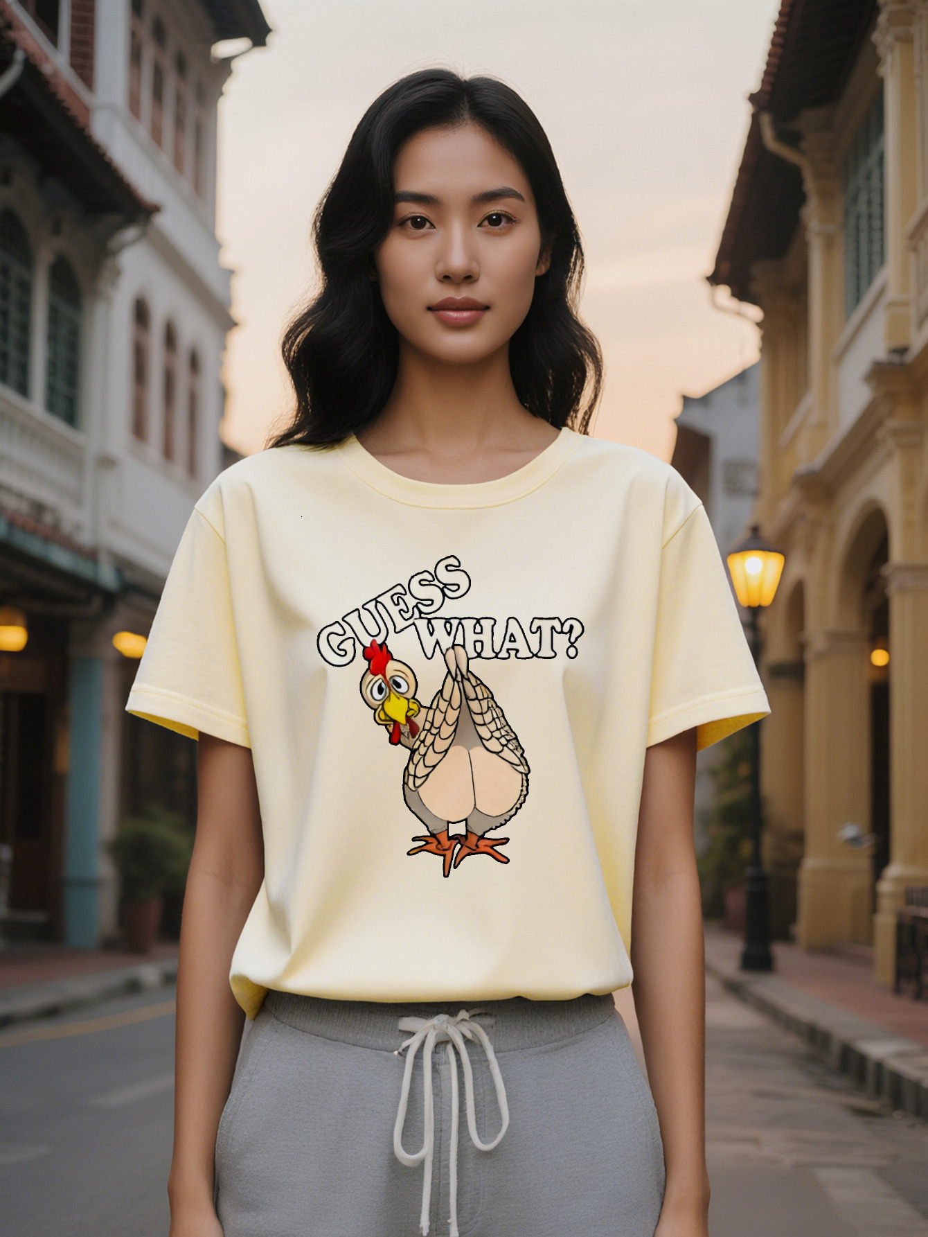 Lady Graphic T-Shirt with Rooster What Print Black Round Neck Summer Tee Hine Washable Regular Fit Humorous Animal