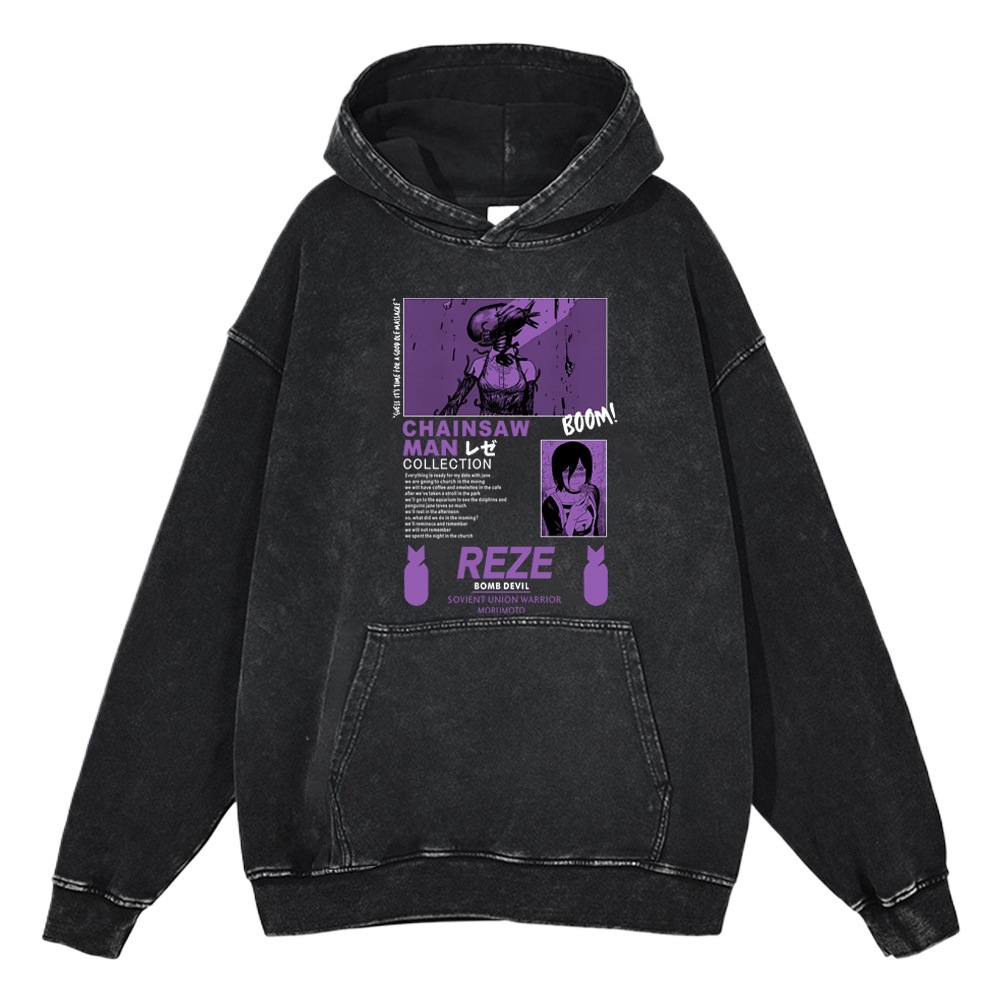 440g Heavyweight Washed Vintage Chainsaw Man Cartoon Anime Street Retro Cotton Hoodie Streetwear Hooded Sweatshirt - TT8250