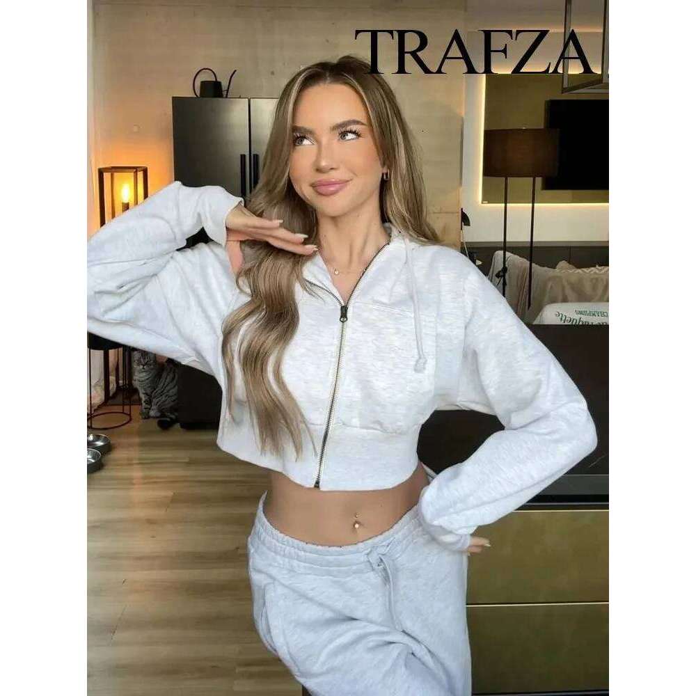 TRAFZA Women Hoodie Pant Sets Fashion Zipper Pocket Long Sleeve Casual Jacket Coat Woman Loose Elastic Waist Drawstring Trousers