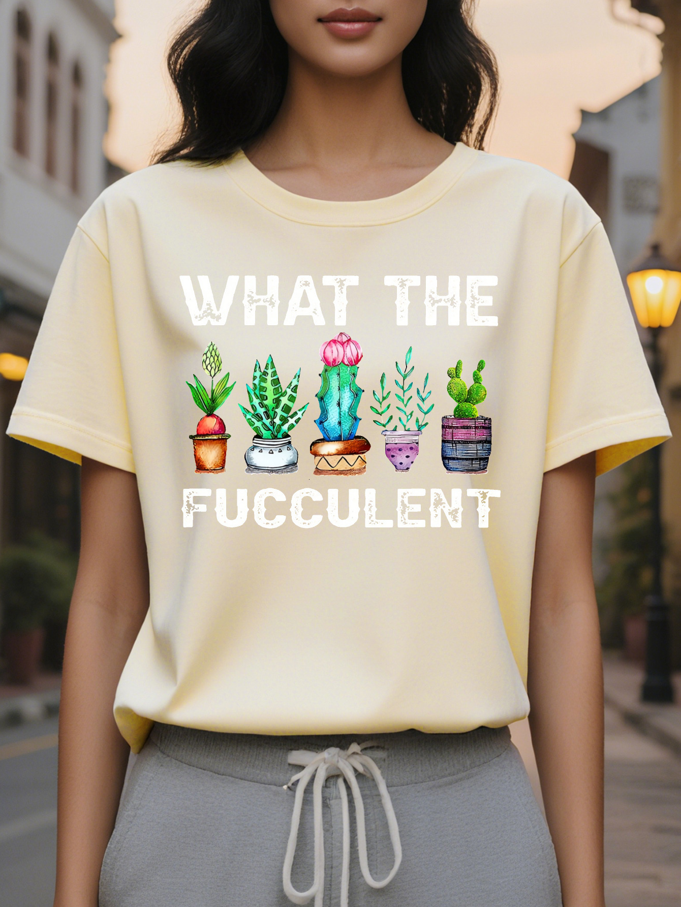 Large XL Playful Olive Green Women's Casual Short Sleeve T-Shirt What The Fucculent Graphic Print With Potted Plants Medium Plus Size