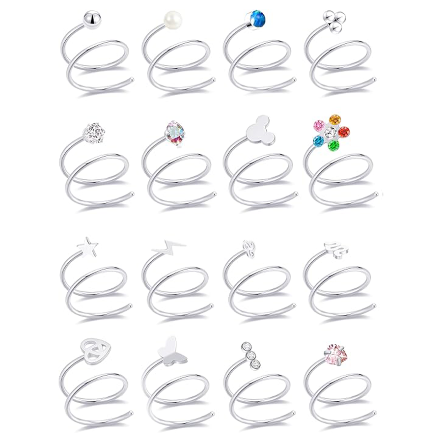16Pcs Double Nose Ring Hoop for Single Piercing Butterfly Lightning Pearl Ball Snake Shiny CZ Twisted Double Hoop Earring for Women 20G Silver Tone