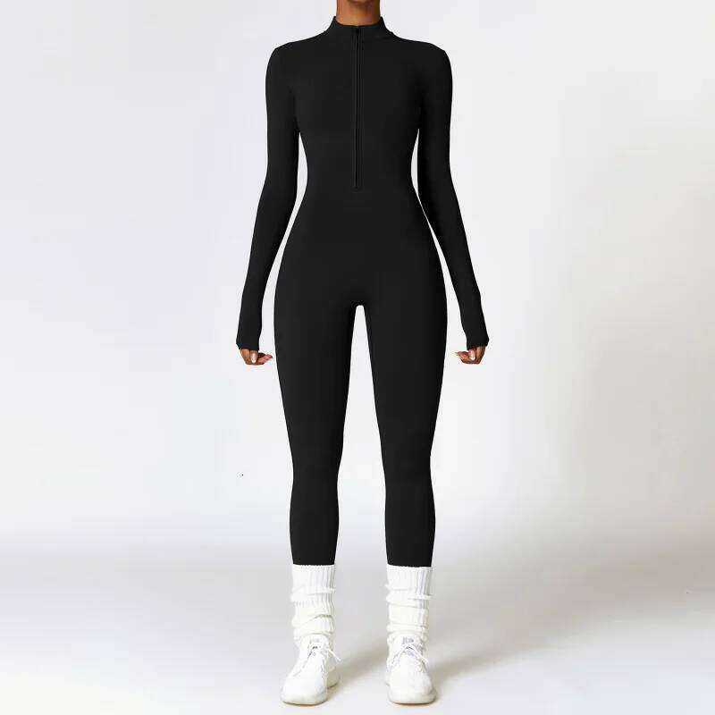 FUBEIKE Zipper Nude Feel Close-Fitting Fleece Yoga Jumspsuit Outdoor Winter Warm Bodysuit Seamless Tights Woman Sportswear