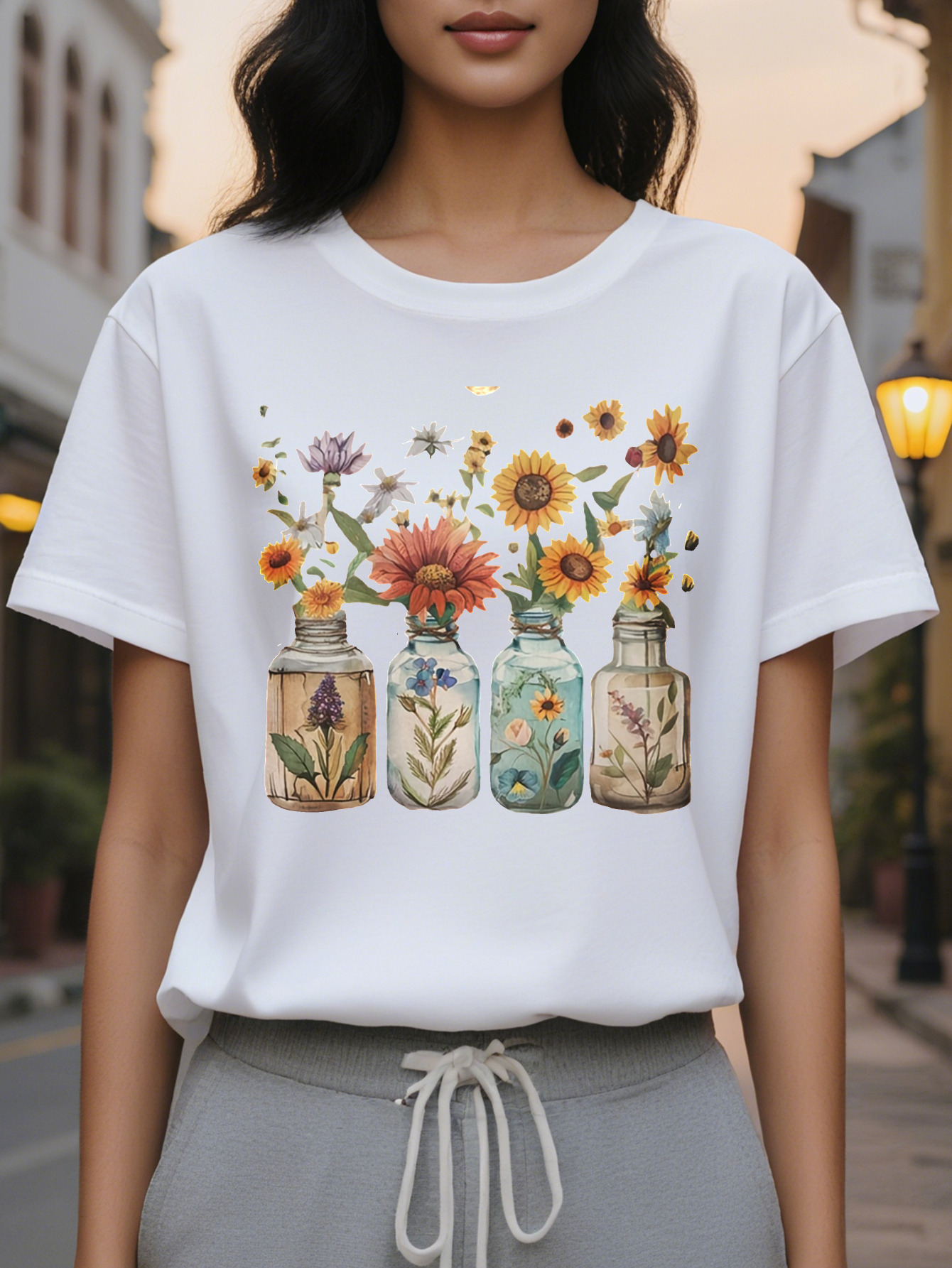 For Spring Summer Short Sleeve Floral Print Crew Neck T-Shirt Casual Women's Clothing
