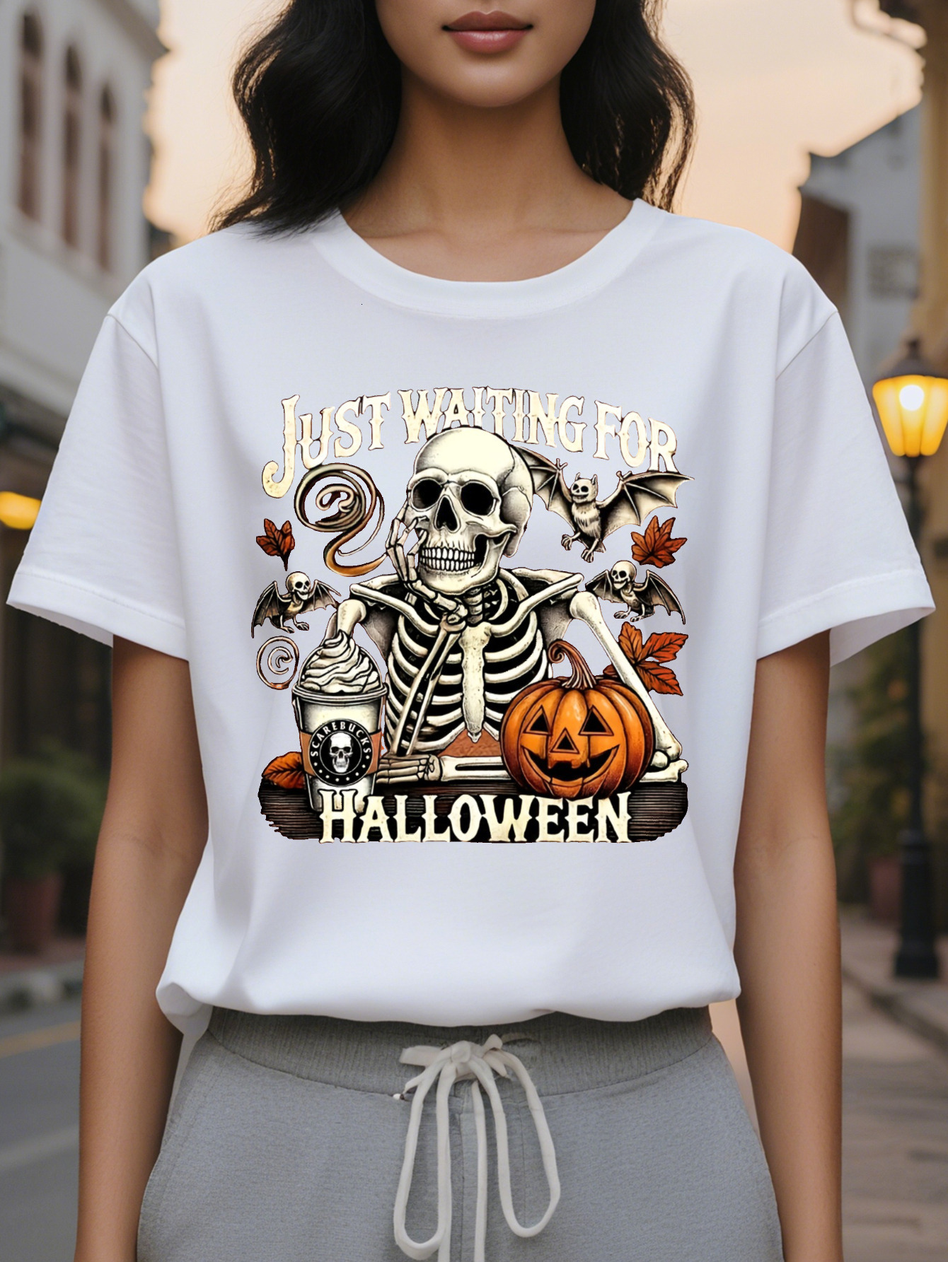 Women's Graphic T-Shirt Spooky Skeleton Jack O Lantern Print with Just Waiting Halloween Slogan Round Neck Short