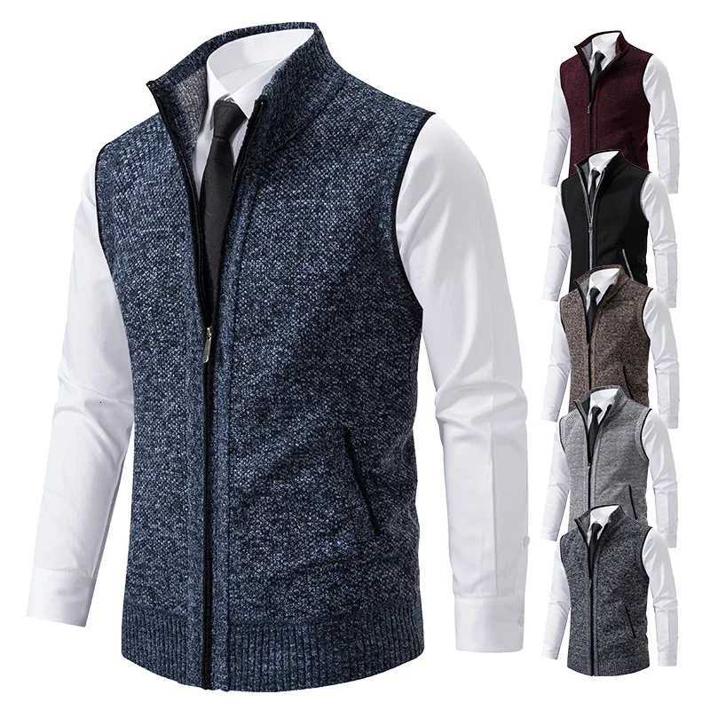 New Vest Mens Knitted Sleeveless Sweater Wool Velvet Zipper Cardigan Turndown Pullovers Turtleneck Sweatercoat Knit WaistcoatXJ250904