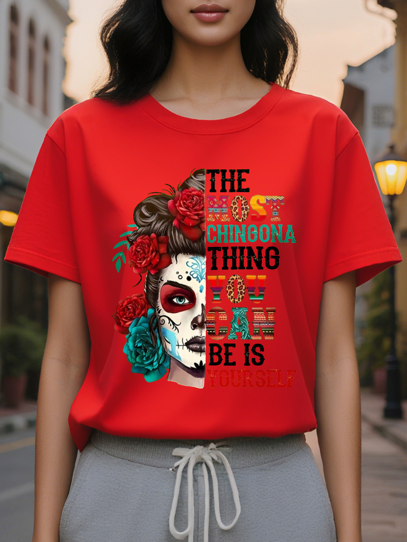 100% Cotton American Fashion Printed Round Neck Short Sleeve T-shirt Women's Spring and Summer New Slim Fit