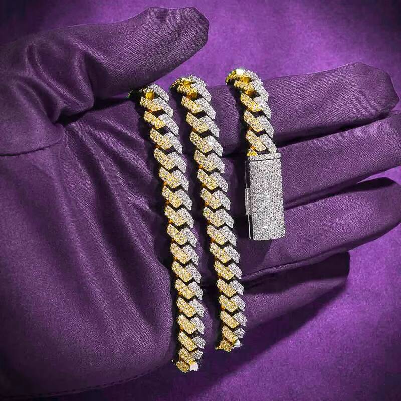 10MM 12MM Pass Diamond Tester Hip Hop D Color Split Two Tone Moissanite Mens Cuban Link Chain With 925 Sterling Silver GRA