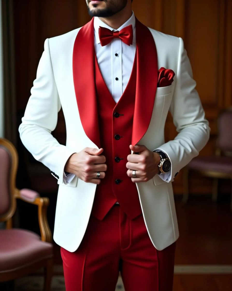 Men Wedding Tuxedos 3 Pieces Customized White Red Shawl Lapel Business Groom Pants Suits Fashion Show Wear